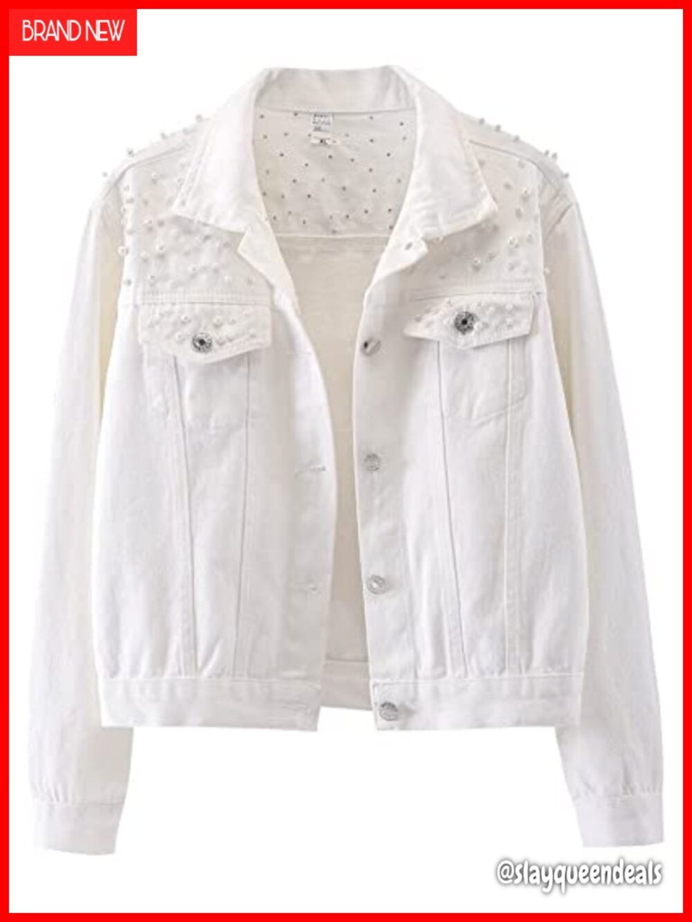 Oversized Distressed Pearl Beaded Denim Jacket Button Down Trucker